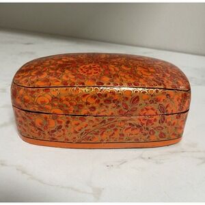 Lg. Kashmir India Paper Mache Lacquer Trinket Box Orange Floral‎ Gold Trim